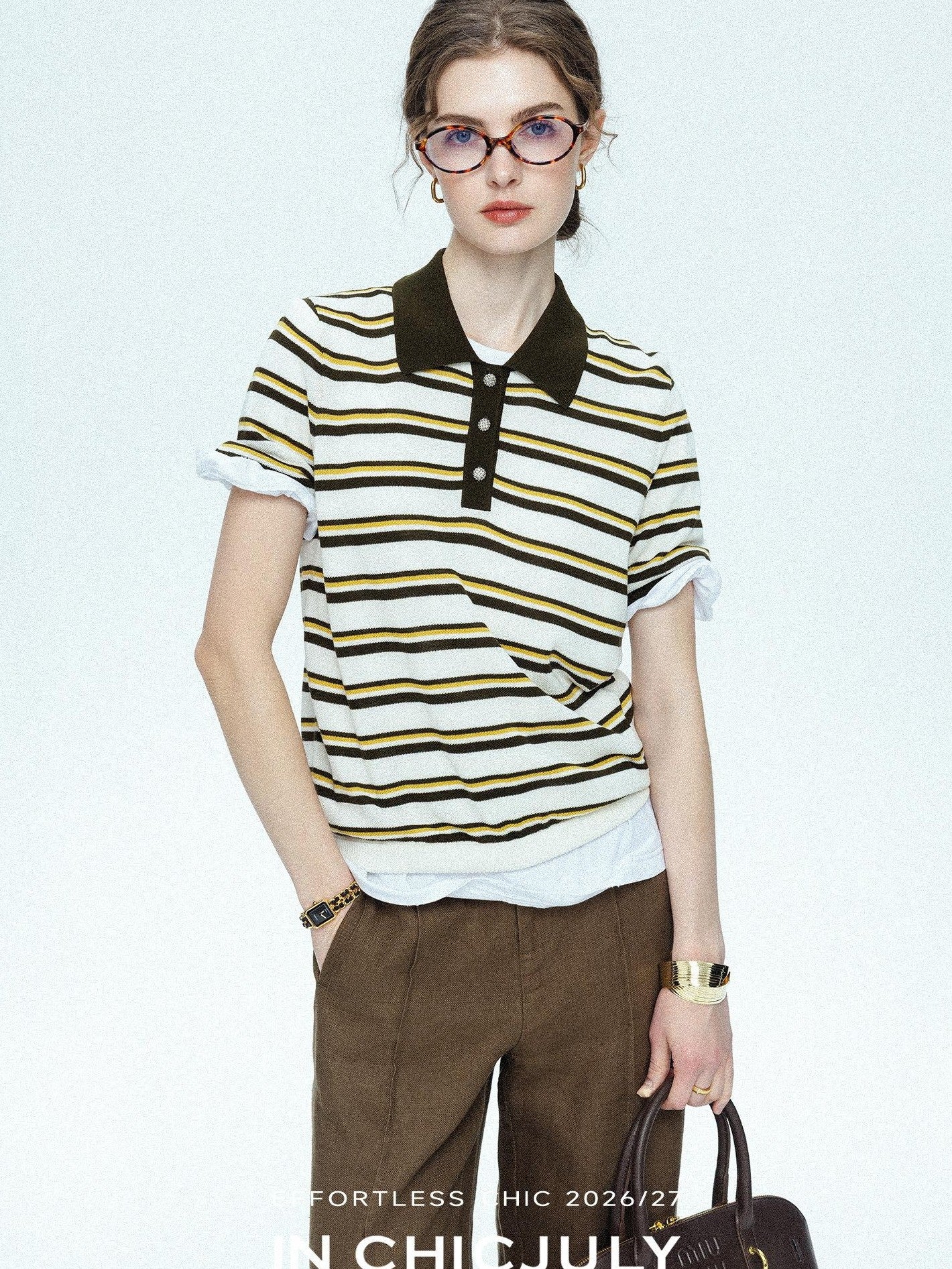 chicjuly Cream Chocolate Colorblock Striped Women's Lyocell Silk Short Sleeve T-shirts
