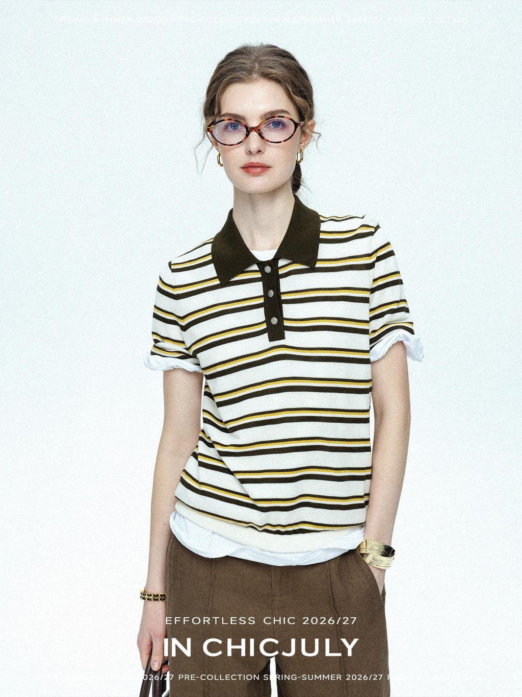 chicjuly Cream Chocolate Colorblock Striped Women's Lyocell Silk Short Sleeve T-shirts
