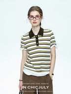 chicjuly Cream Chocolate Colorblock Striped Women's Lyocell Silk Short Sleeve T-shirts