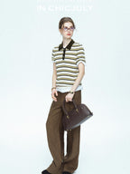 chicjuly Cream Chocolate Colorblock Striped Women's Lyocell Silk Short Sleeve T-shirts
