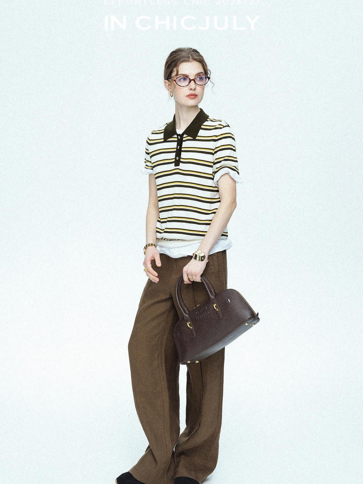 chicjuly Cream Chocolate Colorblock Striped Women's Lyocell Silk Short Sleeve T-shirts