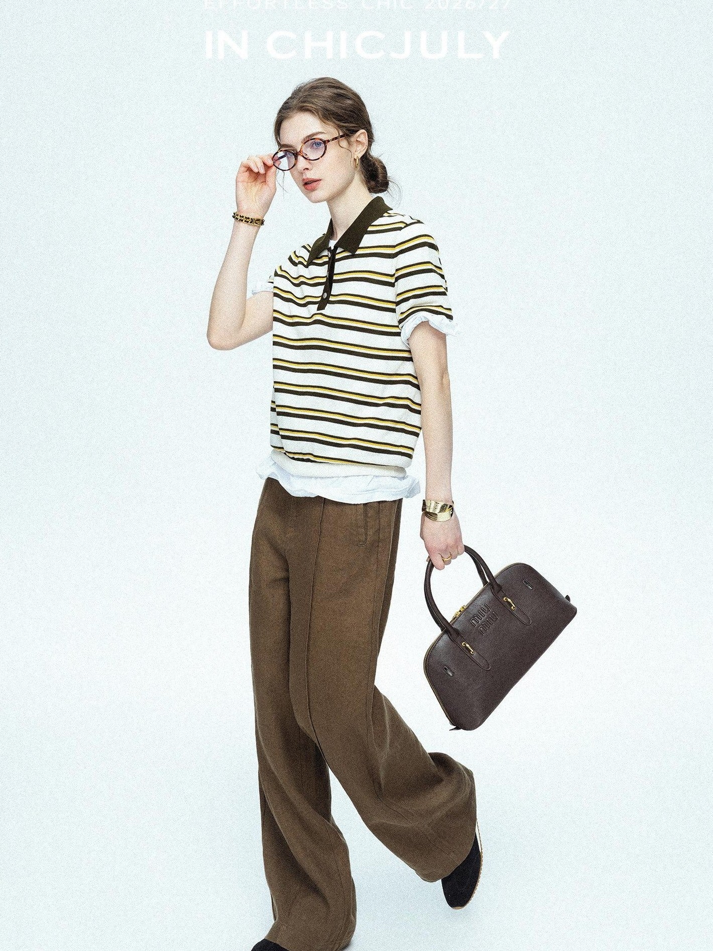chicjuly Cream Chocolate Colorblock Striped Women's Lyocell Silk Short Sleeve T-shirts