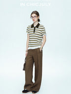 chicjuly Cream Chocolate Colorblock Striped Women's Lyocell Silk Short Sleeve T-shirts