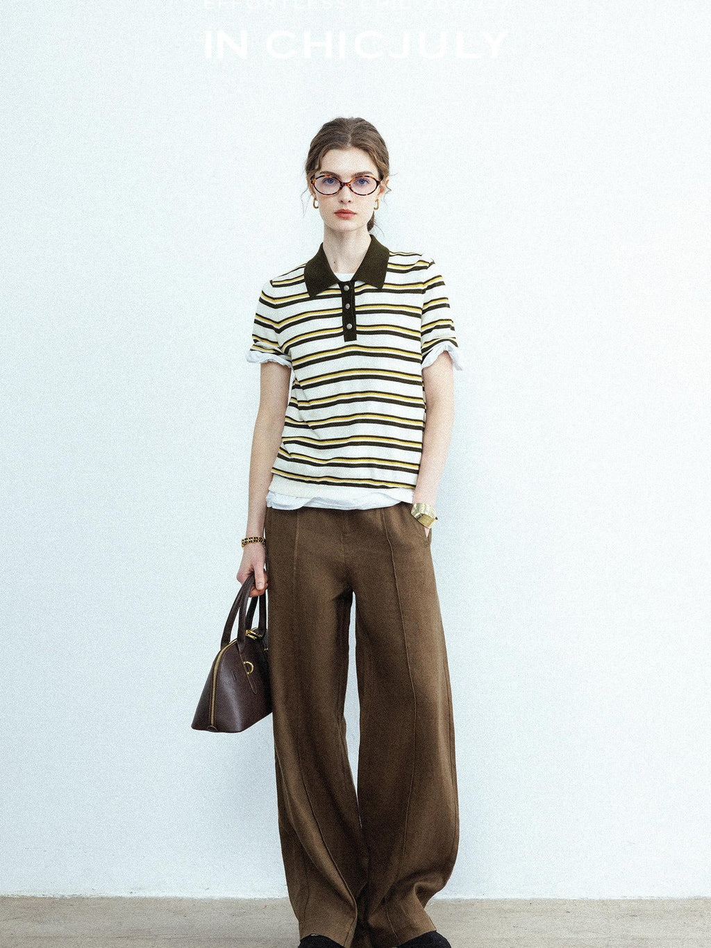 chicjuly Cream Chocolate Colorblock Striped Women's Lyocell Silk Short Sleeve T-shirts