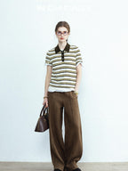 chicjuly Cream Chocolate Colorblock Striped Women's Lyocell Silk Short Sleeve T-shirts