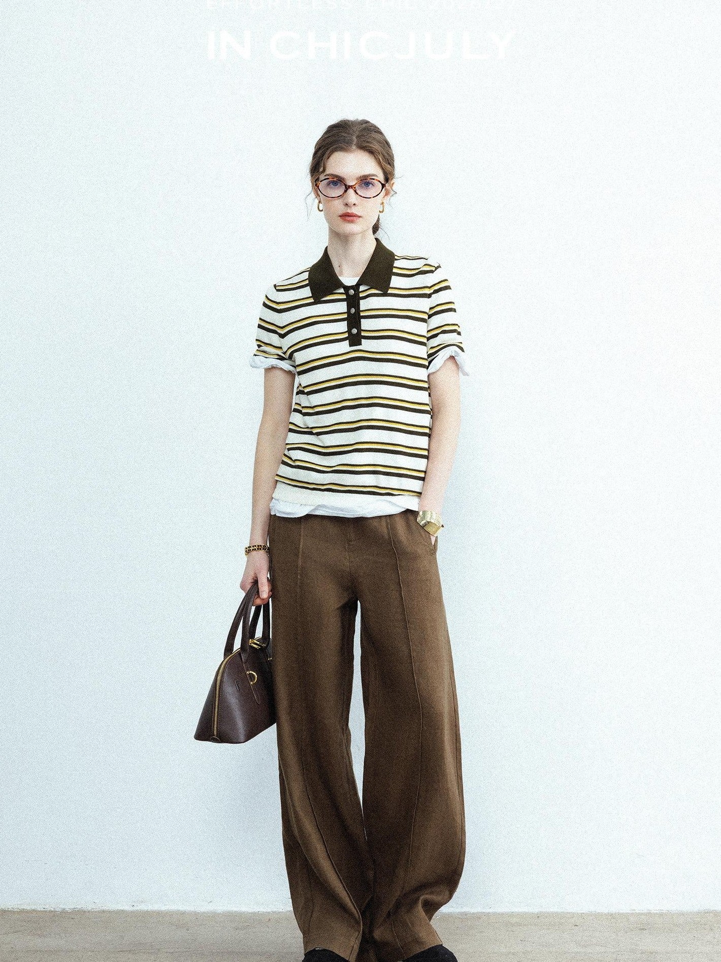 chicjuly Cream Chocolate Colorblock Striped Women's Lyocell Silk Short Sleeve T-shirts