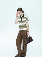 chicjuly Cream Chocolate Colorblock Striped Women's Lyocell Silk Short Sleeve T-shirts