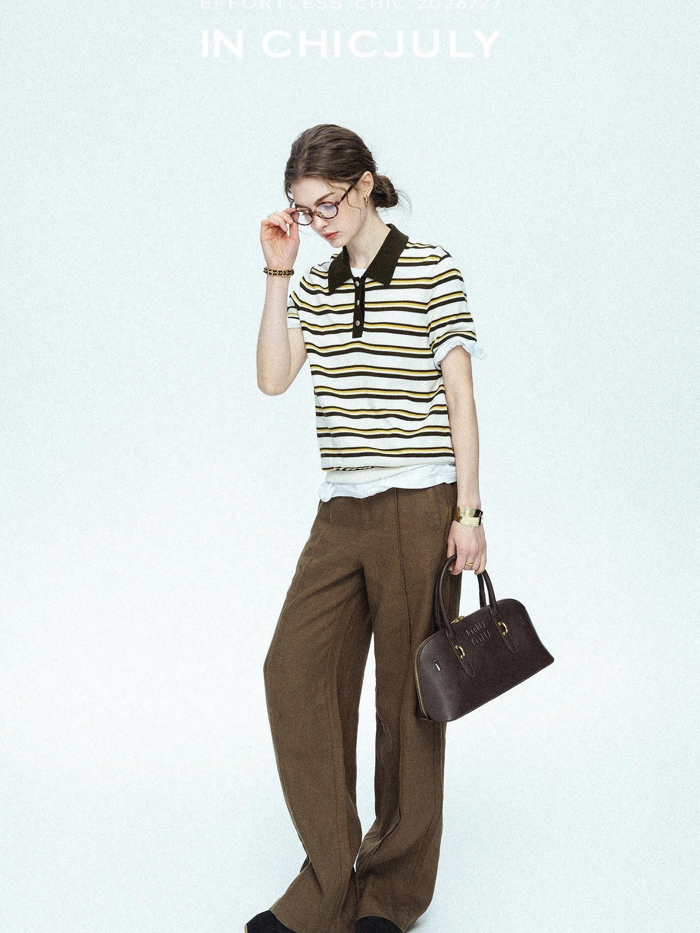 chicjuly Cream Chocolate Colorblock Striped Women's Lyocell Silk Short Sleeve T-shirts