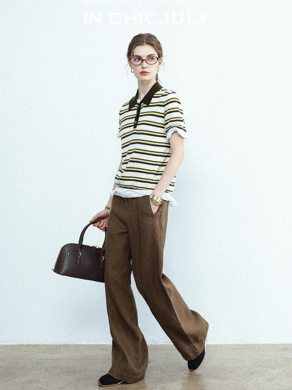 chicjuly Cream Chocolate Colorblock Striped Women's Lyocell Silk Short Sleeve T-shirts