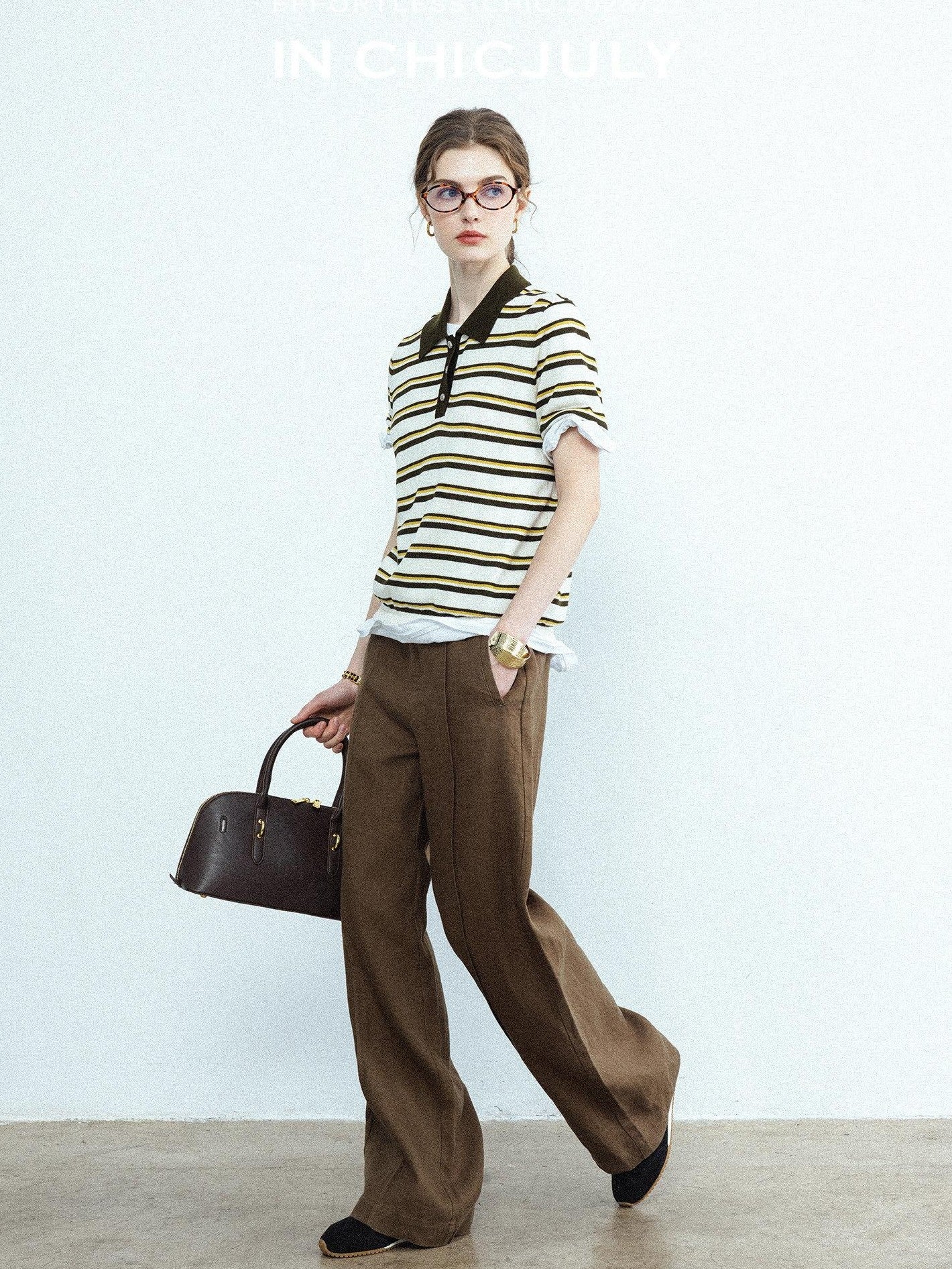 chicjuly Cream Chocolate Colorblock Striped Women's Lyocell Silk Short Sleeve T-shirts