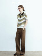 chicjuly Cream Chocolate Colorblock Striped Women's Lyocell Silk Short Sleeve T-shirts
