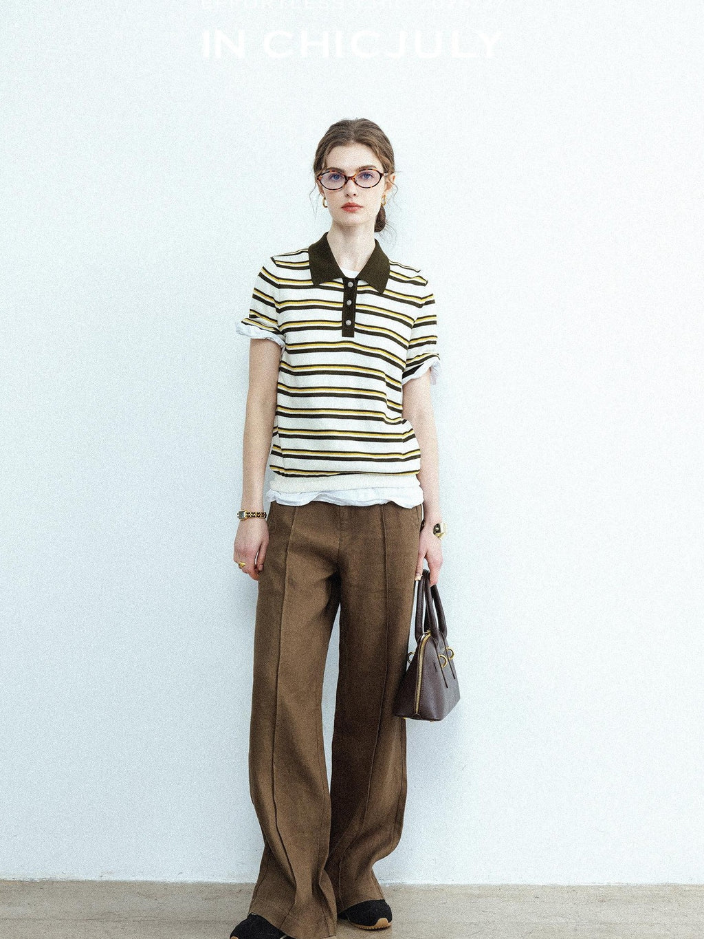 chicjuly Cream Chocolate Colorblock Striped Women's Lyocell Silk Short Sleeve T-shirts