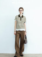 chicjuly Cream Chocolate Colorblock Striped Women's Lyocell Silk Short Sleeve T-shirts