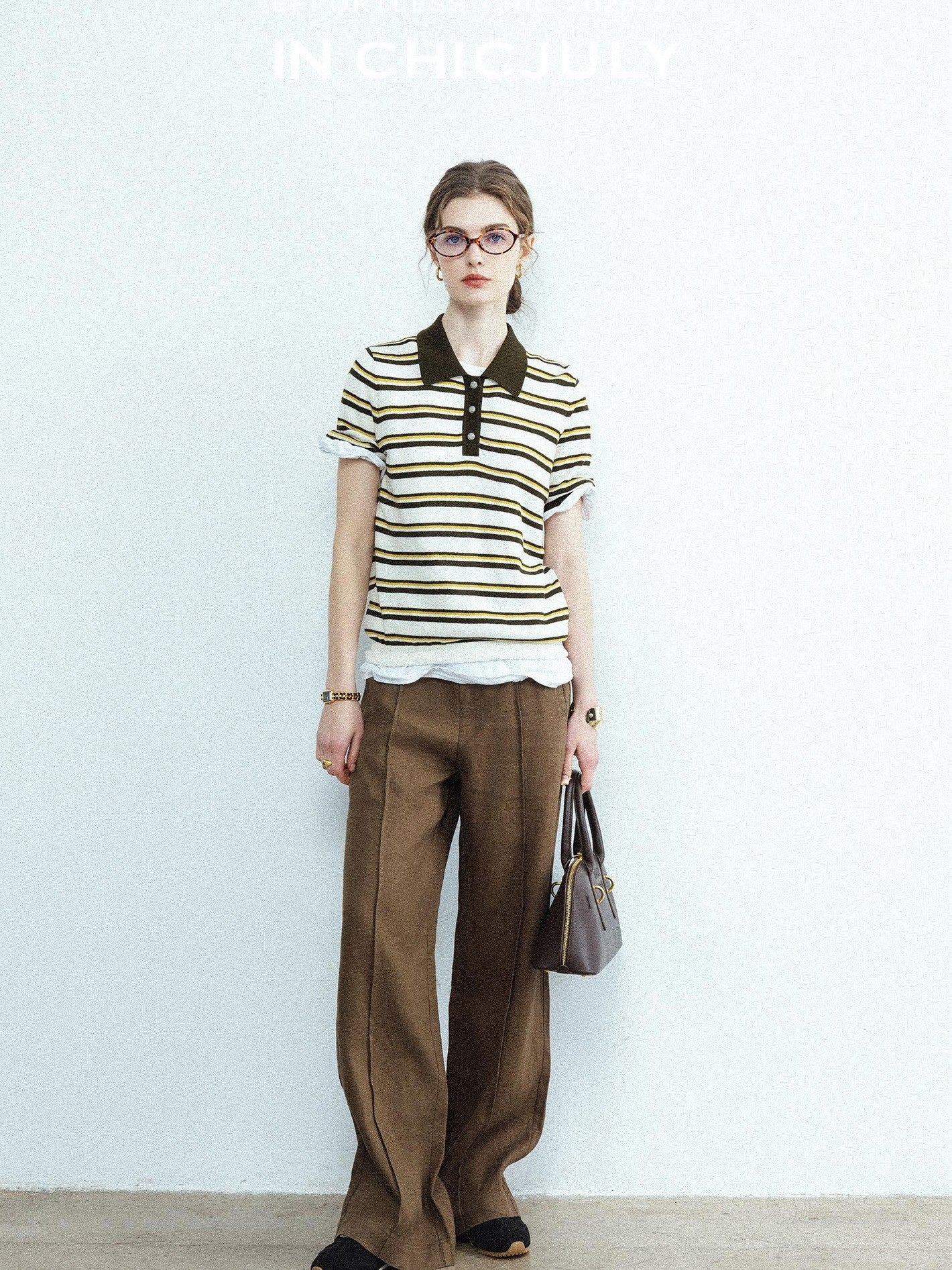 chicjuly Cream Chocolate Colorblock Striped Women's Lyocell Silk Short Sleeve T-shirts