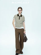 chicjuly Cream Chocolate Colorblock Striped Women's Lyocell Silk Short Sleeve T-shirts