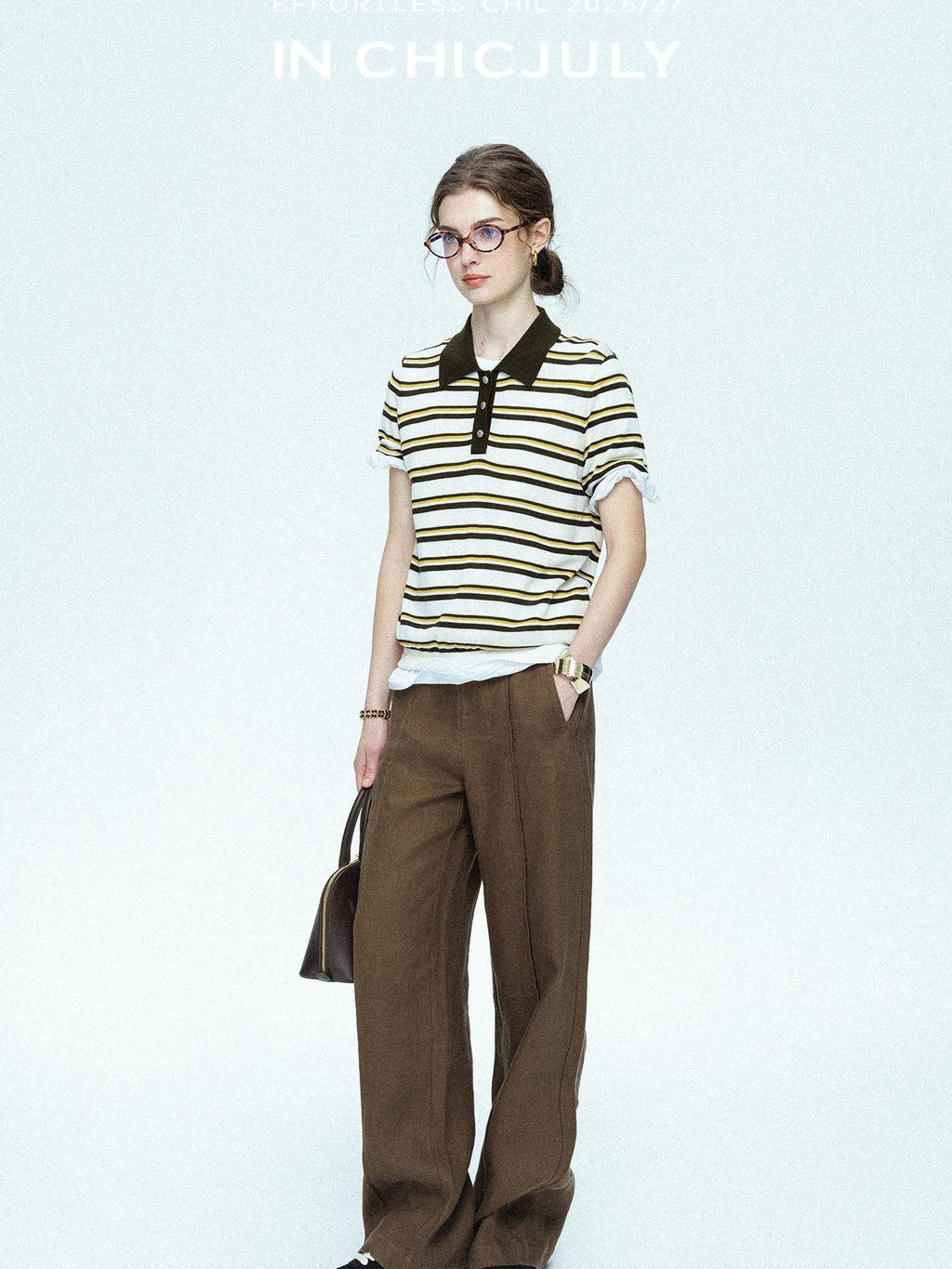 chicjuly Cream Chocolate Colorblock Striped Women's Lyocell Silk Short Sleeve T-shirts