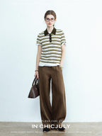 chicjuly Cream Chocolate Colorblock Striped Women's Lyocell Silk Short Sleeve T-shirts