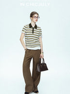 chicjuly Cream Chocolate Colorblock Striped Women's Lyocell Silk Short Sleeve T-shirts