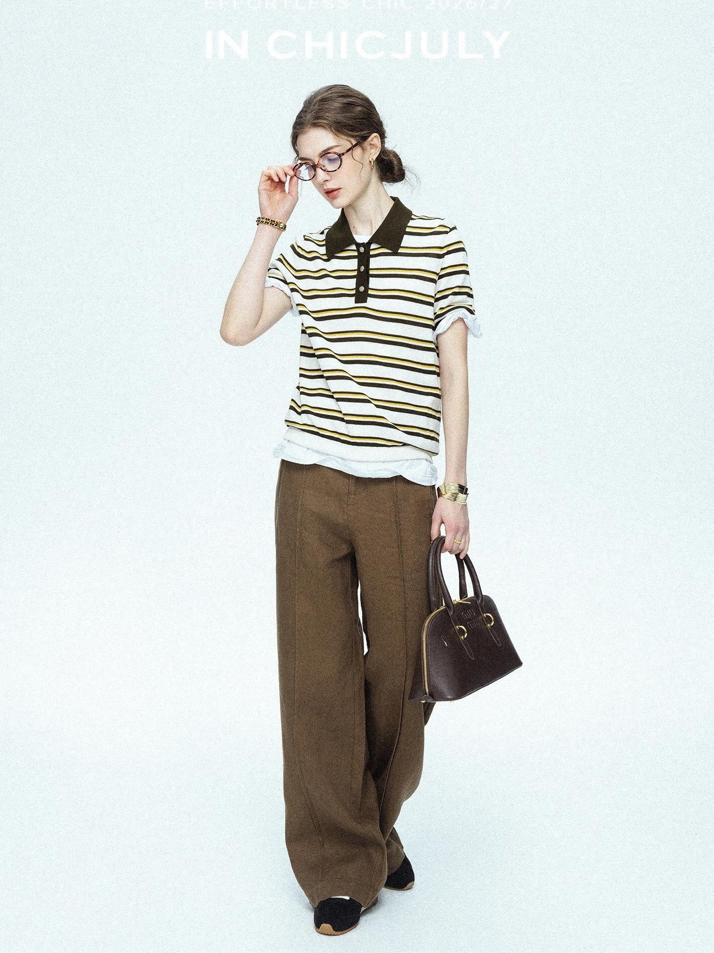 chicjuly Cream Chocolate Colorblock Striped Women's Lyocell Silk Short Sleeve T-shirts