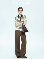 chicjuly Cream Chocolate Colorblock Striped Women's Lyocell Silk Short Sleeve T-shirts