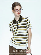 chicjuly Cream Chocolate Colorblock Striped Women's Lyocell Silk Short Sleeve T-shirts