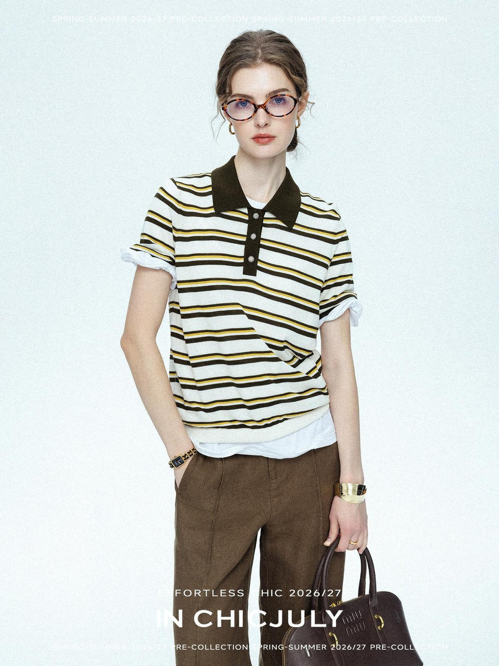 chicjuly Cream Chocolate Colorblock Striped Women's Lyocell Silk Short Sleeve T-shirts