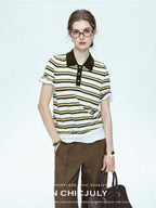 chicjuly Cream Chocolate Colorblock Striped Women's Lyocell Silk Short Sleeve T-shirts