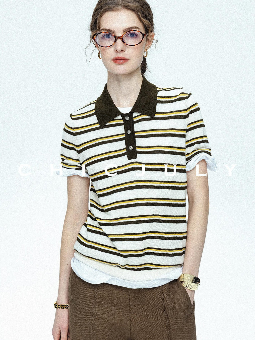 chicjuly Cream Chocolate Colorblock Striped Women's Lyocell Silk Short Sleeve T-shirts