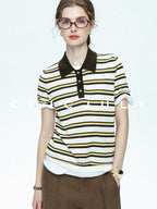 chicjuly Cream Chocolate Colorblock Striped Women's Lyocell Silk Short Sleeve T-shirts