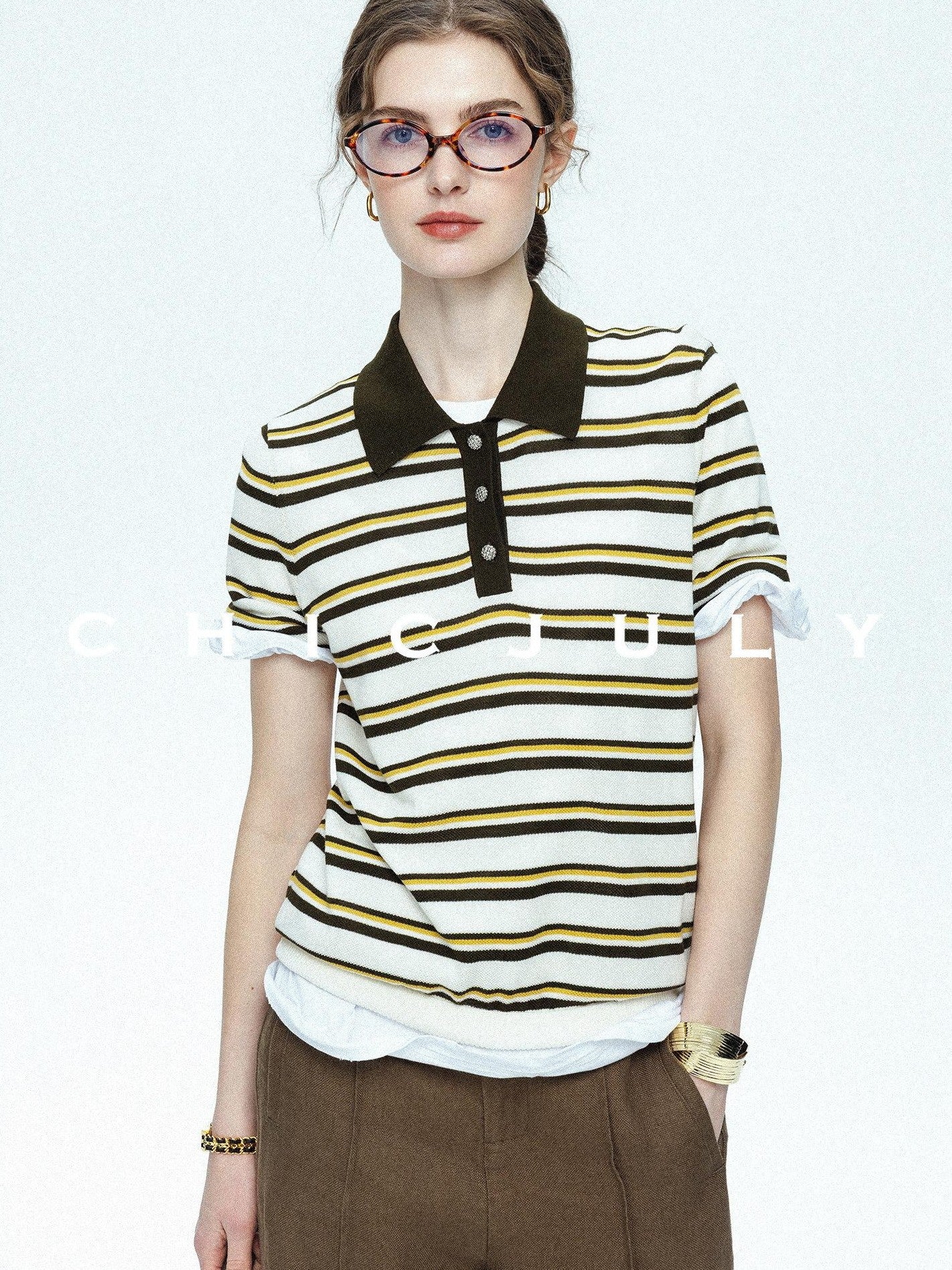 chicjuly Cream Chocolate Colorblock Striped Women's Lyocell Silk Short Sleeve T-shirts