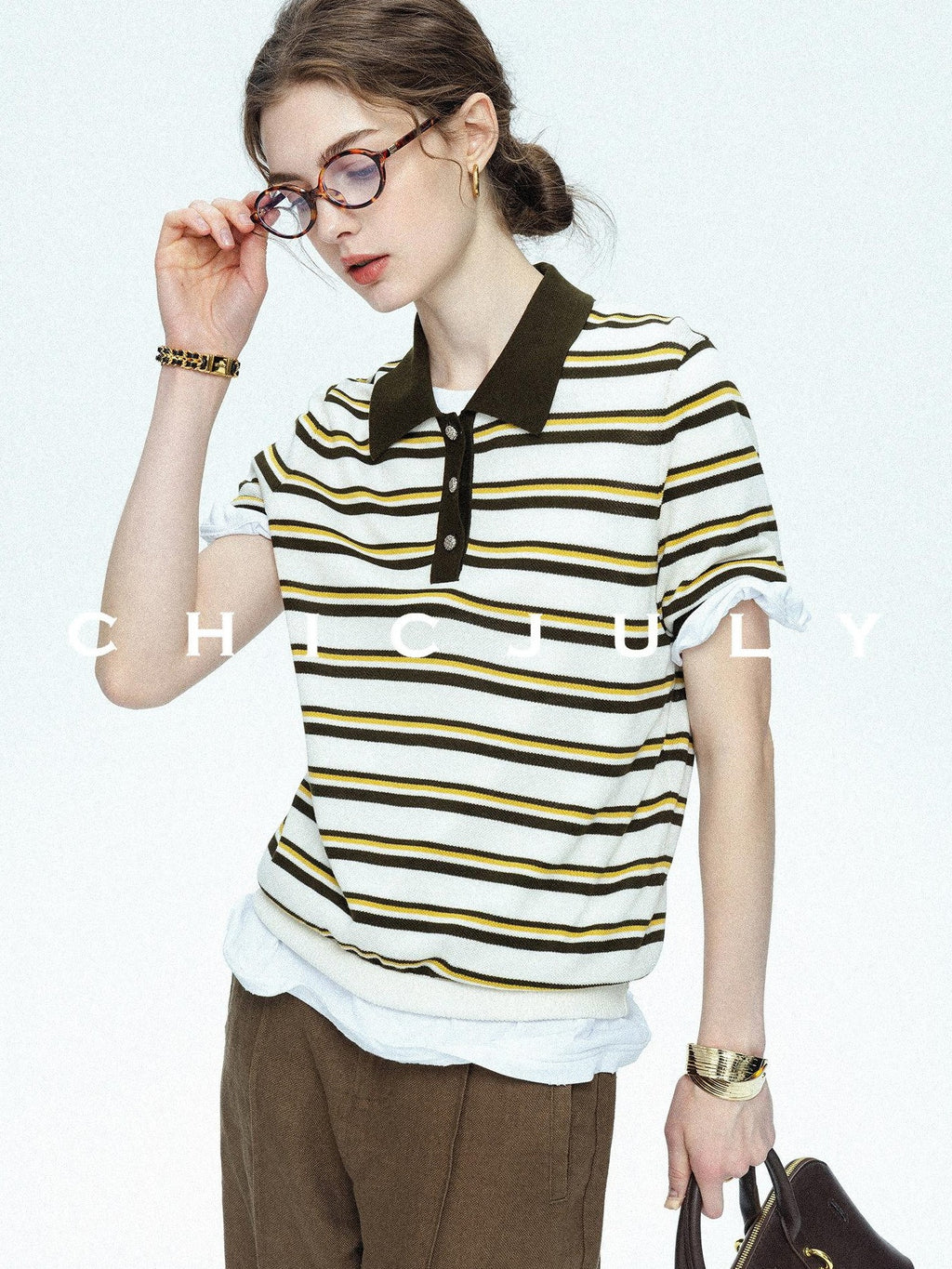 chicjuly Cream Chocolate Colorblock Striped Women's Lyocell Silk Short Sleeve T-shirts