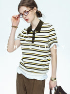 chicjuly Cream Chocolate Colorblock Striped Women's Lyocell Silk Short Sleeve T-shirts