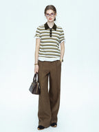 chicjuly Cream Chocolate Colorblock Striped Women's Lyocell Silk Short Sleeve T-shirts