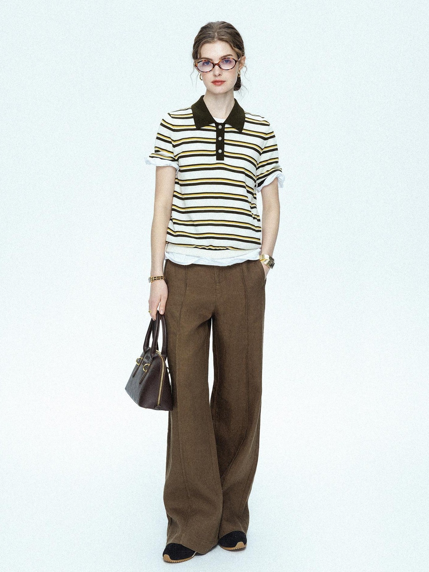 chicjuly Cream Chocolate Colorblock Striped Women's Lyocell Silk Short Sleeve T-shirts