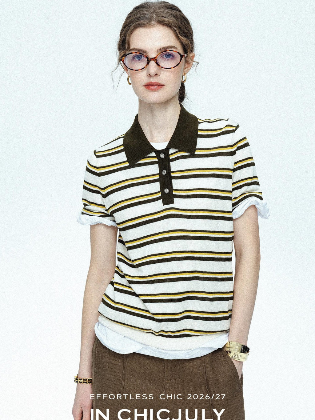 chicjuly Cream Chocolate Colorblock Striped Women's Lyocell Silk Short Sleeve T-shirts