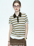 chicjuly Cream Chocolate Colorblock Striped Women's Lyocell Silk Short Sleeve T-shirts