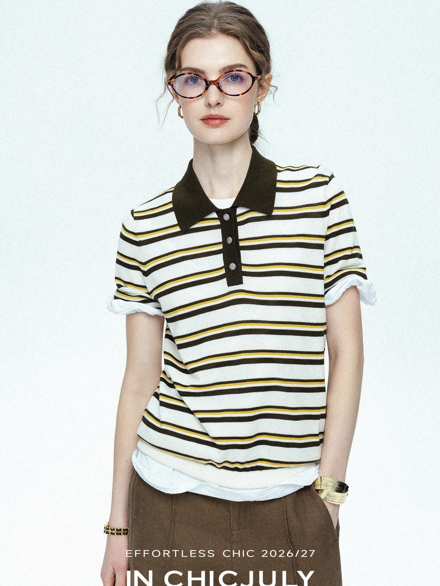 chicjuly Cream Chocolate Colorblock Striped Women's Lyocell Silk Short Sleeve T-shirts