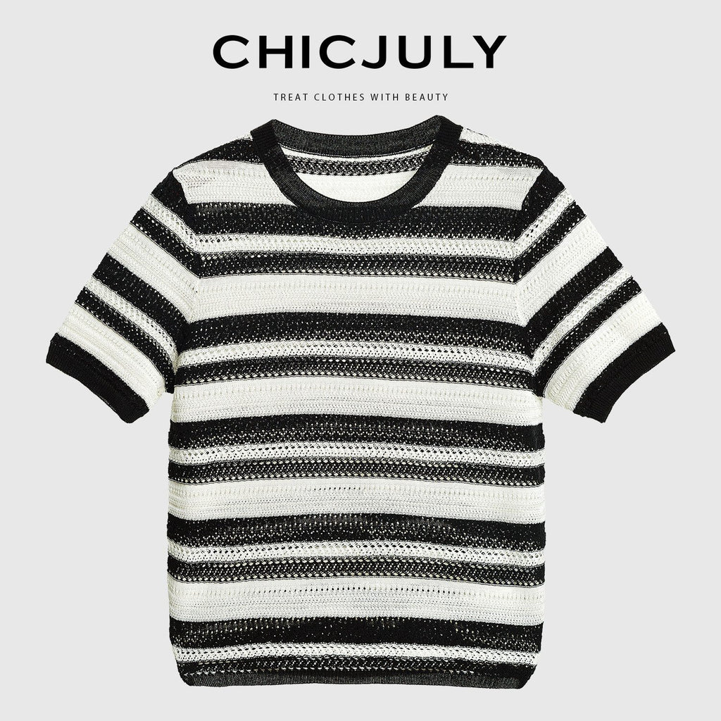 chicjuly Crochet Openwork Black White Striped Women's Lyocell Short Sleeve T-shirts 918113516148