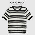 chicjuly Crochet Openwork Black White Striped Women's Lyocell Short Sleeve T-shirts 918113516148