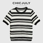 chicjuly Crochet Openwork Black White Striped Women's Lyocell Short Sleeve T-shirts 918113516148