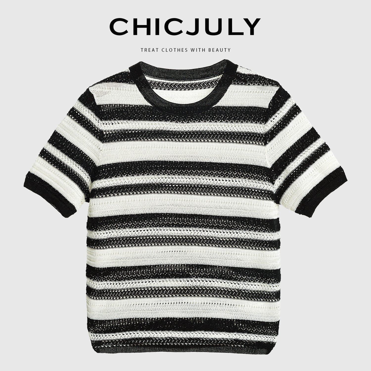 chicjuly Crochet Openwork Black White Striped Women's Lyocell Short Sleeve T-shirts 918113516148