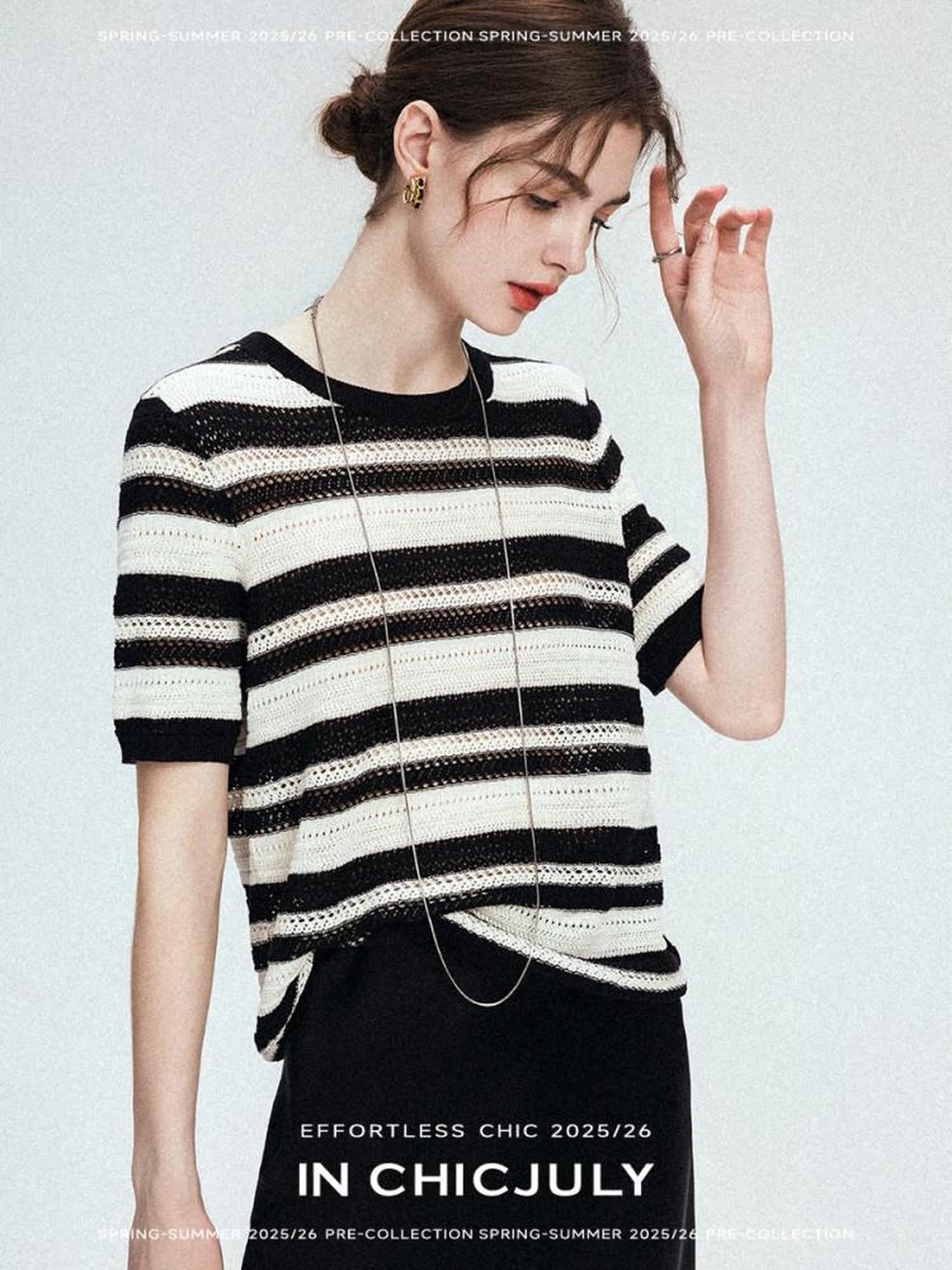 chicjuly Crochet Openwork Black White Striped Women's Lyocell Short Sleeve T-shirts