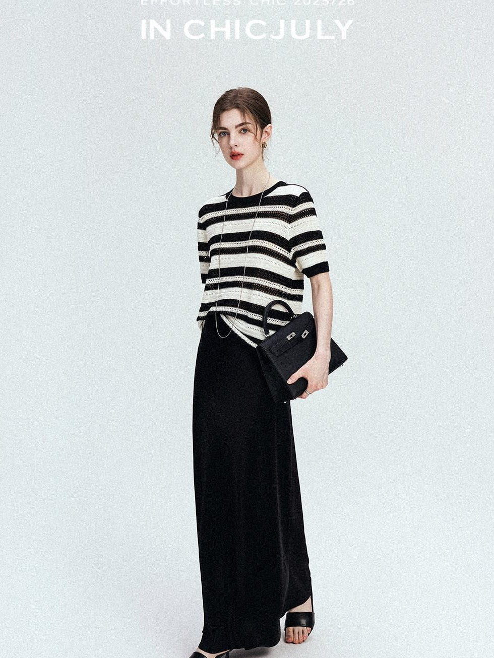chicjuly Crochet Openwork Black White Striped Women's Lyocell Short Sleeve T-shirts
