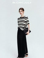 chicjuly Crochet Openwork Black White Striped Women's Lyocell Short Sleeve T-shirts