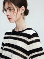 chicjuly Crochet Openwork Black White Striped Women's Lyocell Short Sleeve T-shirts