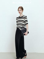 chicjuly Crochet Openwork Black White Striped Women's Lyocell Short Sleeve T-shirts