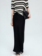 chicjuly Crochet Openwork Black White Striped Women's Lyocell Short Sleeve T-shirts