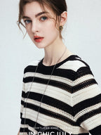 chicjuly Crochet Openwork Black White Striped Women's Lyocell Short Sleeve T-shirts