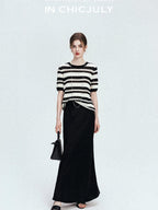 chicjuly Crochet Openwork Black White Striped Women's Lyocell Short Sleeve T-shirts