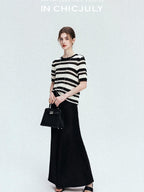 chicjuly Crochet Openwork Black White Striped Women's Lyocell Short Sleeve T-shirts